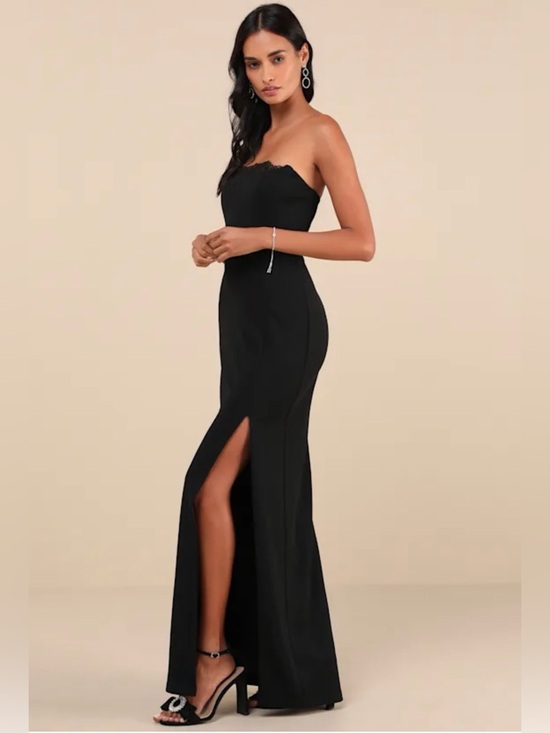 NWT Strapless Black Evening Gown with Lace Trim Neckline and Slit XL - Picture 2 of 9